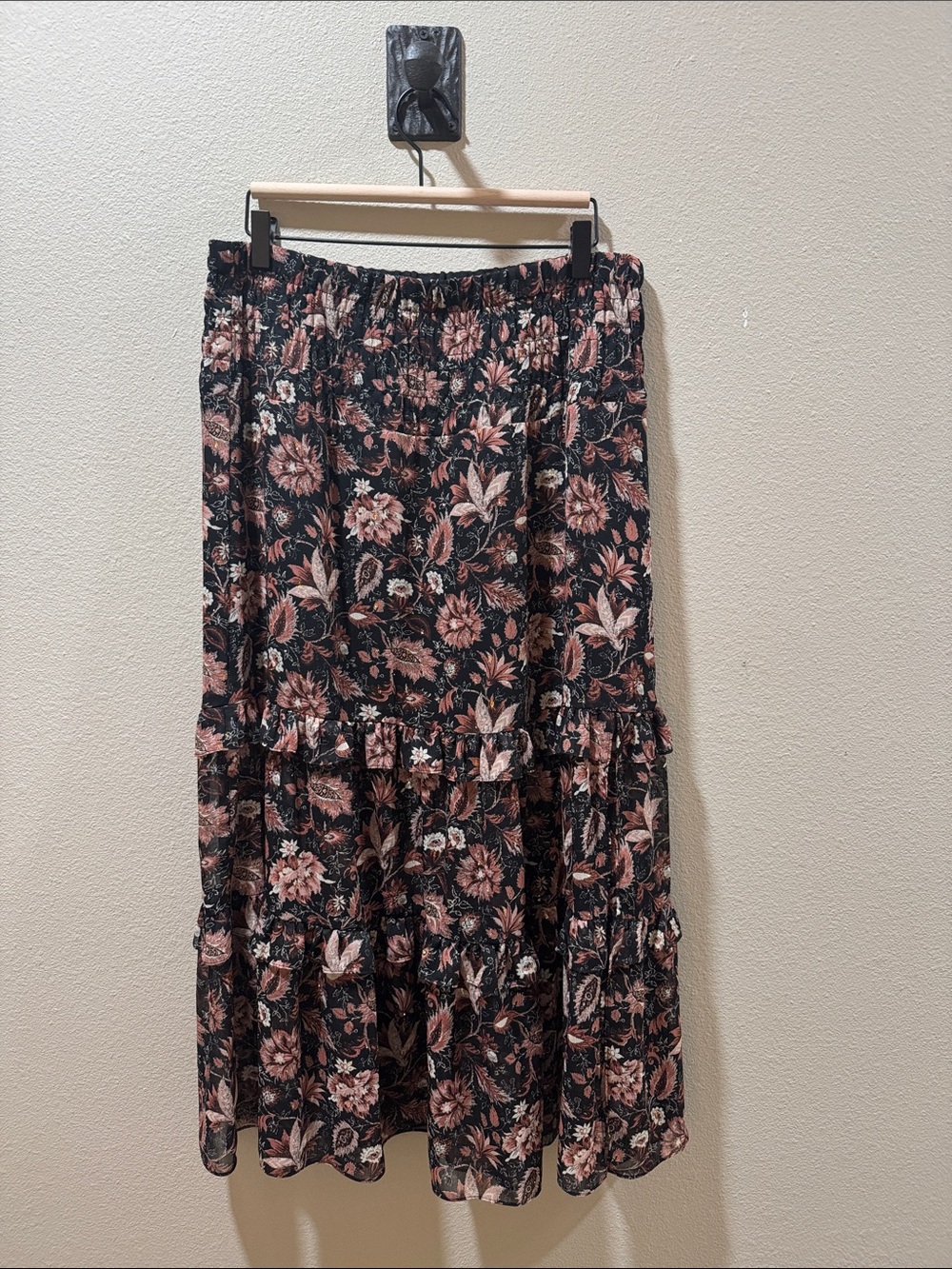 Madewell Floral Tiered Midi Skirt - Black & Pink with Copper and Sheer Lower